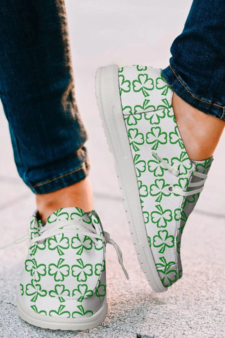 Shewin Women's White Slip-On Shoes with St. Patrick's Day Clover Color Contrast Design