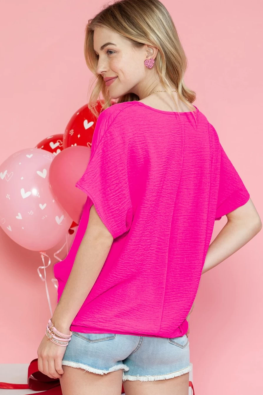 Shewin Women's Rose V-Neck Basic Short Sleeve Blouse - Solid Color Casual Top