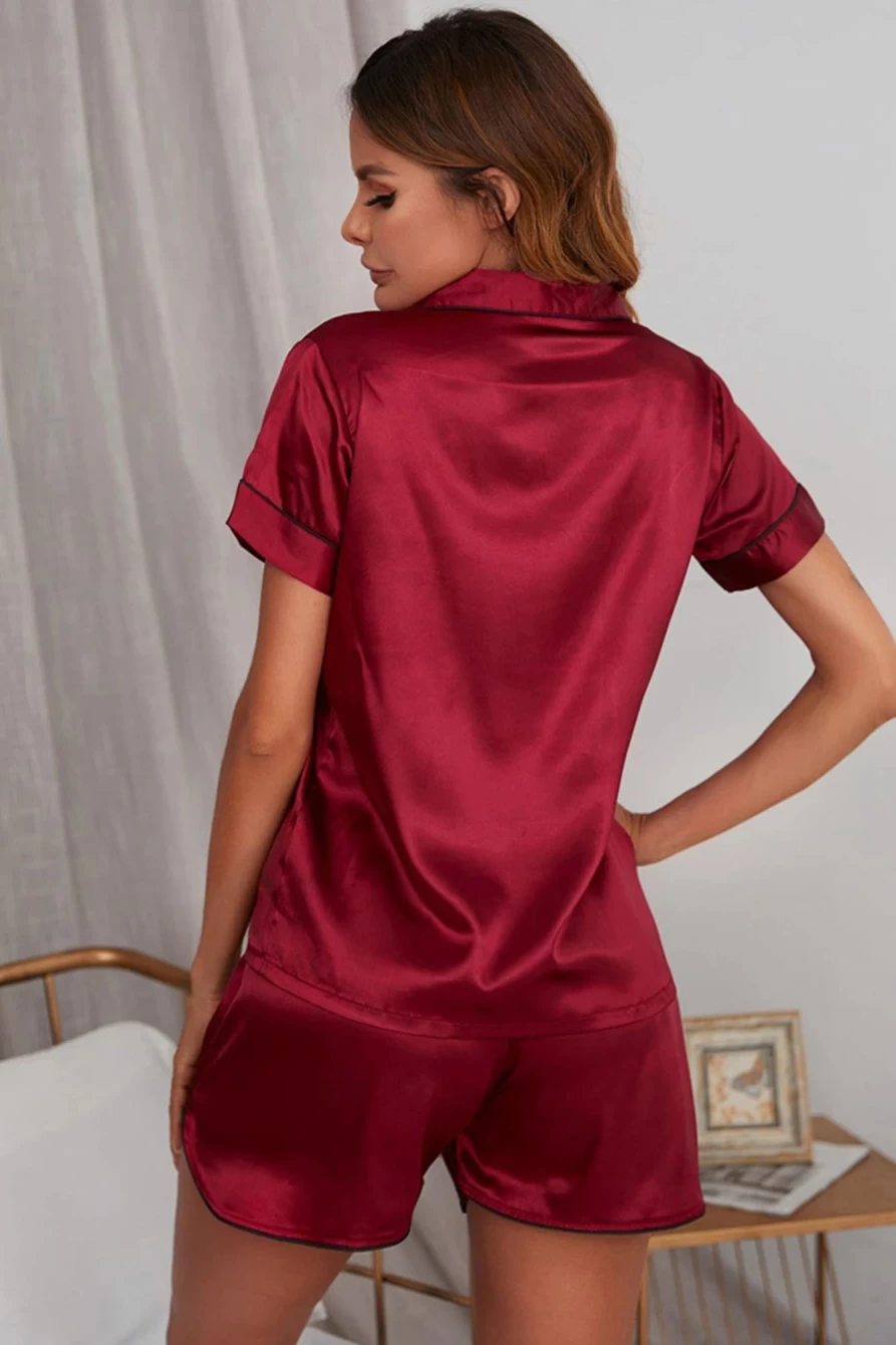 Women's Red Dahlia Button-Down Shirt & Shorts Lounge Set by Shewin - Comfortable Pocket Casual Outfit