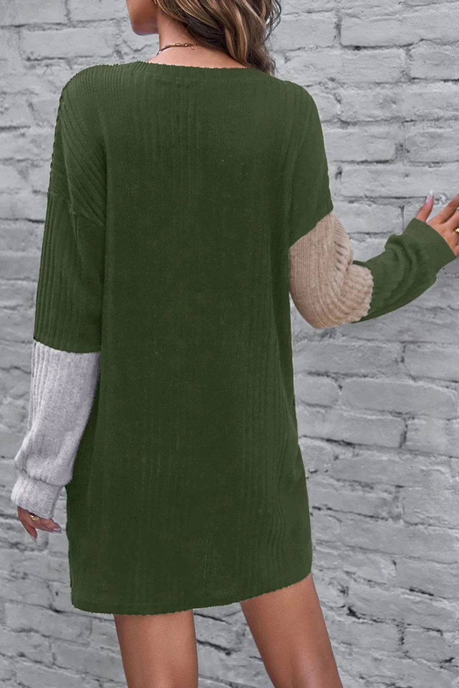 Shewin Women's Jungle Green Ribbed Color Block Long Sleeve Mini Dress