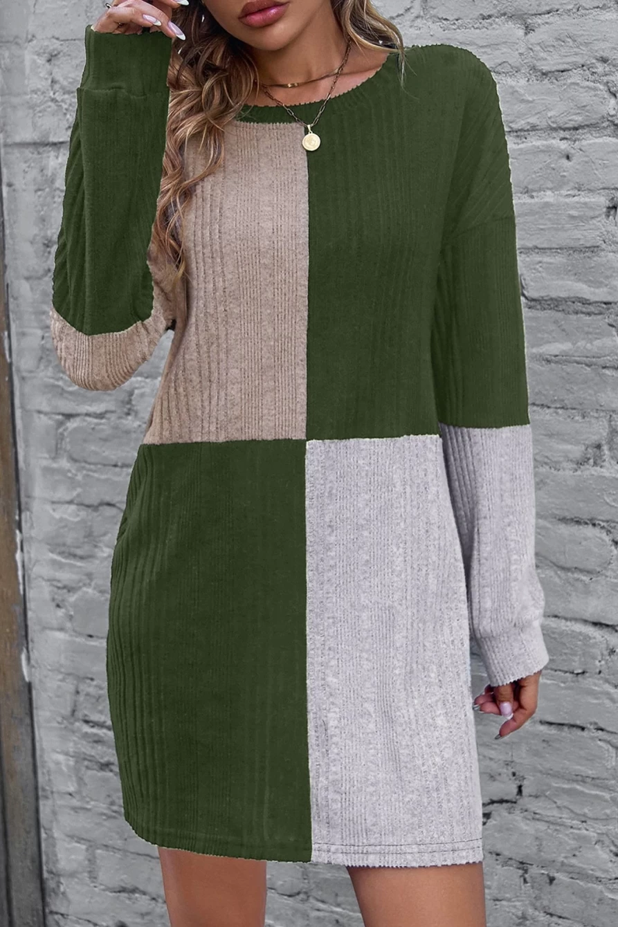 Shewin Women's Jungle Green Ribbed Color Block Long Sleeve Mini Dress