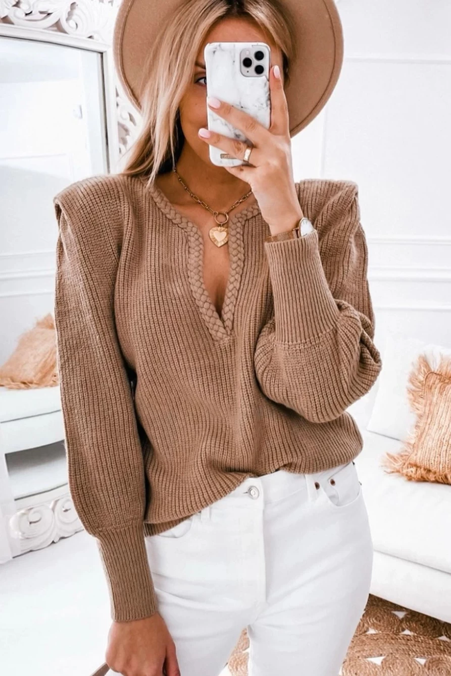 "Shewin Women's Brown Braided Knit Sweater with V-Neck & Puff Sleeves"