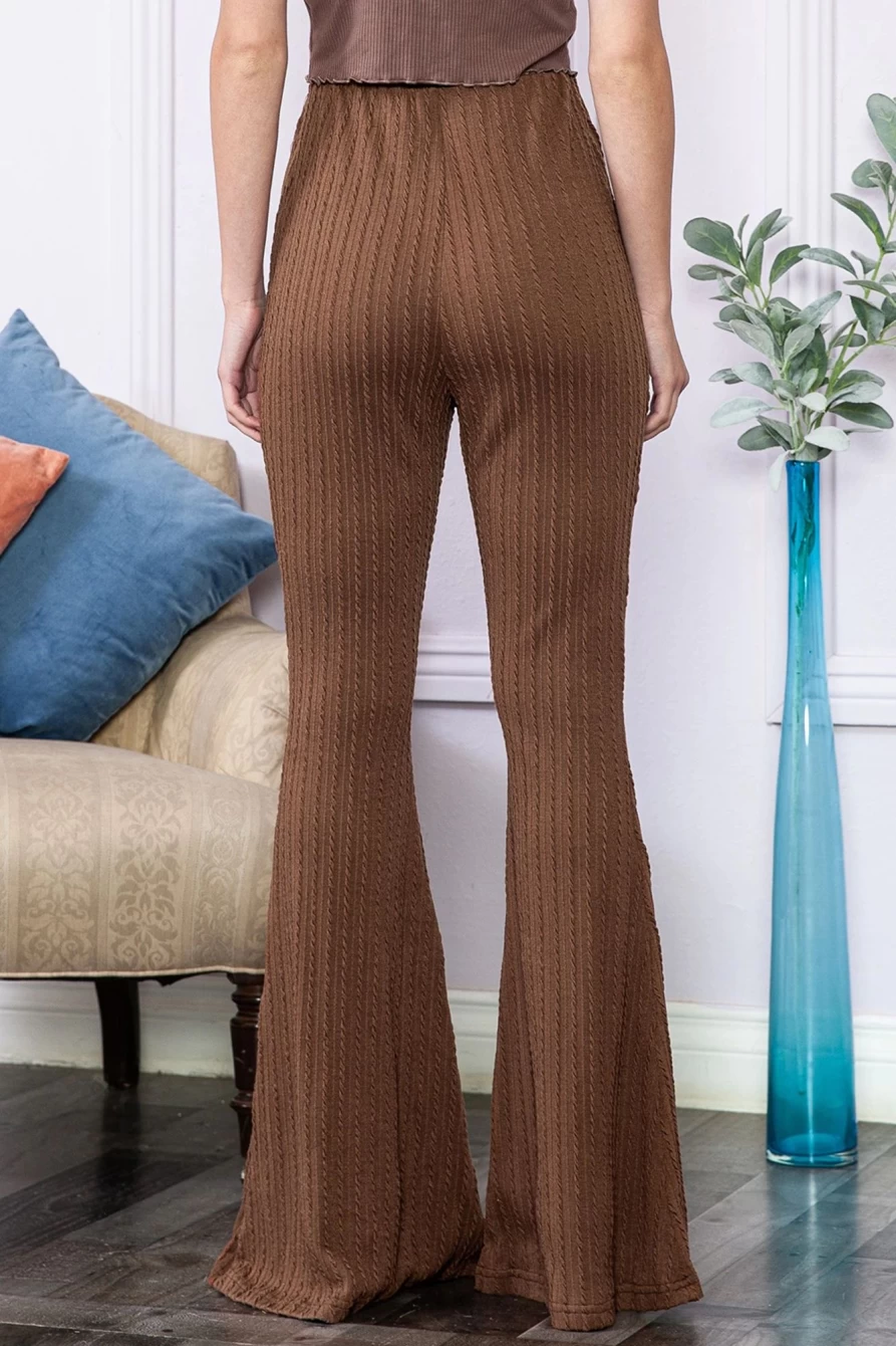 Shewin Women's Coffee Textured Knit High Waist Flare Pants - Stretchy Comfort Fit