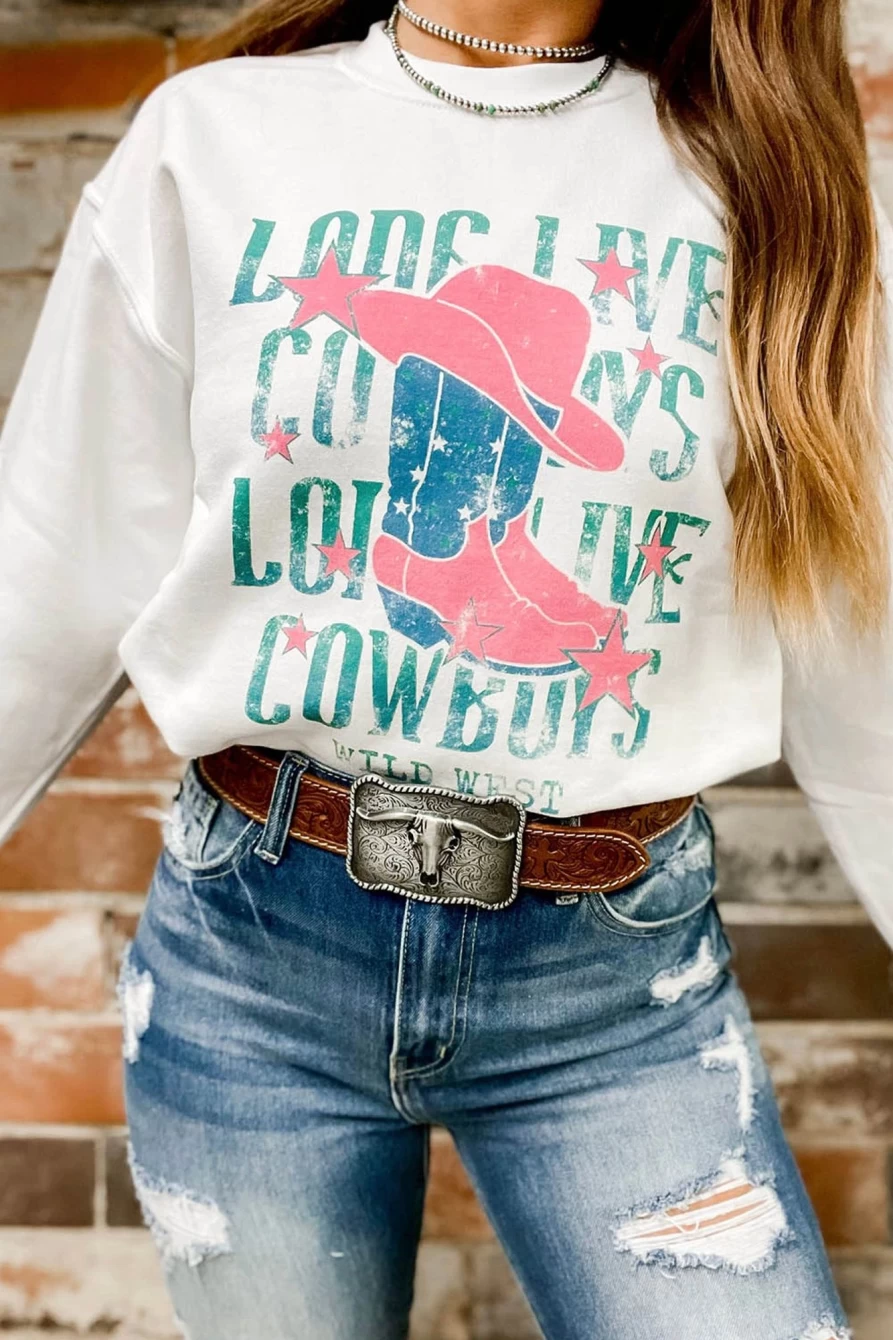 "Shewin Women's White Wild West Cowboy Graphic Sweatshirt - Long Live Cowboy Design"