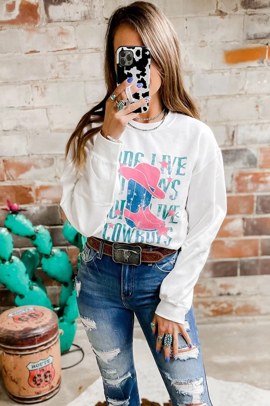 "Shewin Women's White Wild West Cowboy Graphic Sweatshirt - Long Live Cowboy Design"