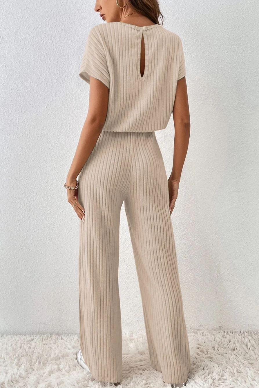 Shewin Women's Parchment Solid Color Ribbed Short Sleeve Wide Leg Jumpsuit