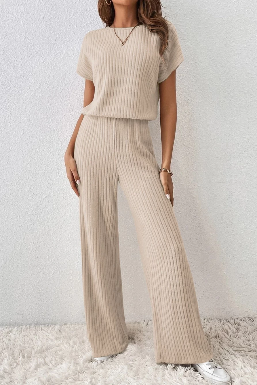 Shewin Women's Parchment Solid Color Ribbed Short Sleeve Wide Leg Jumpsuit