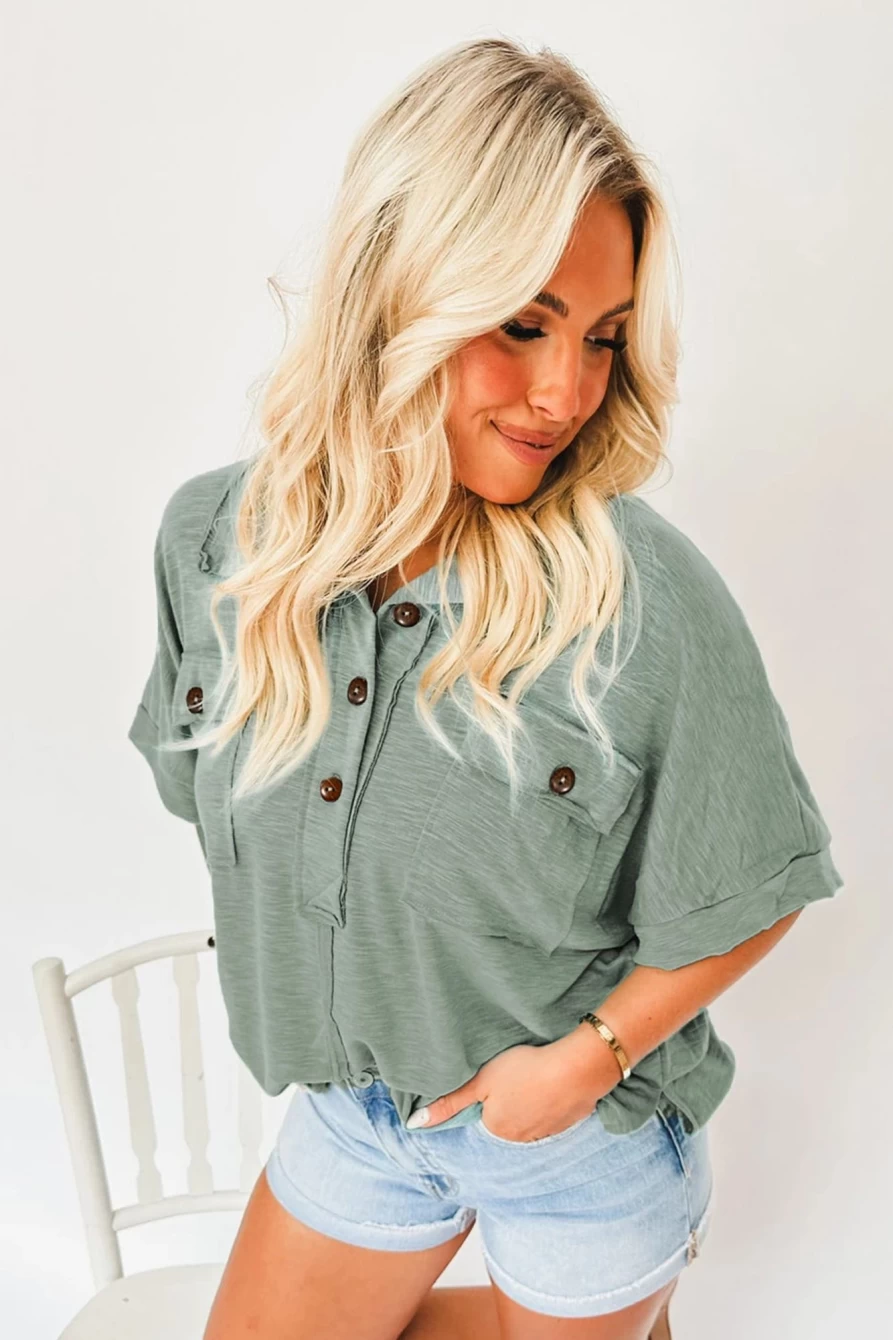 "Shewin Women's Moonlight Jade Collared Blouse with Chest Pockets & Half Button Design"