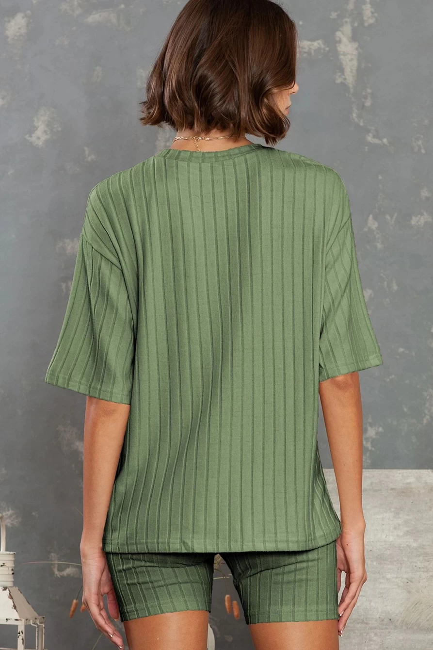 Shewin Women's Green Ribbed Knit Drop Shoulder T-Shirt & Shorts Two-Piece Set