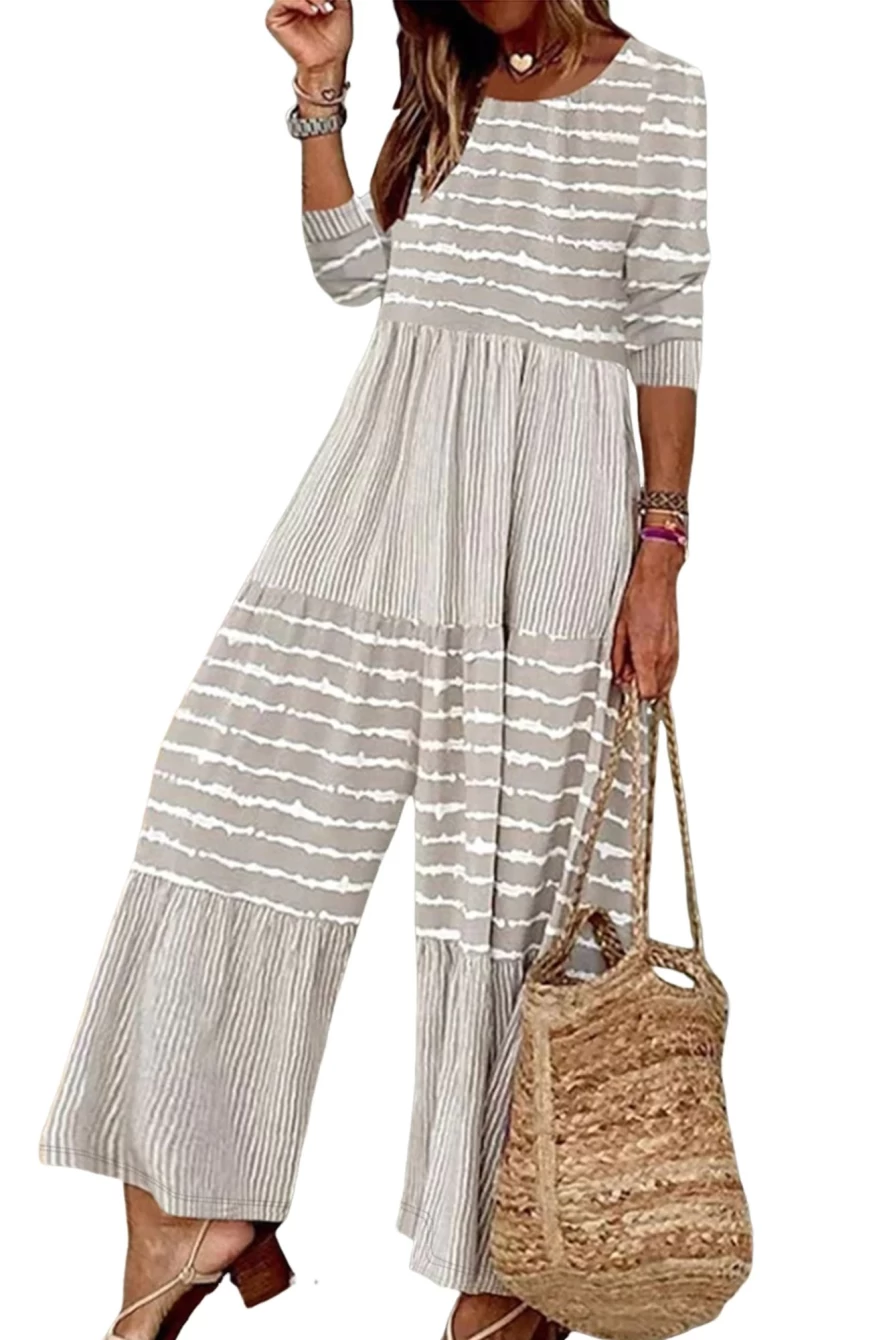 Shewin Women's Light Grey Striped Wide Leg Jumpsuit - Spliced Casual Romper