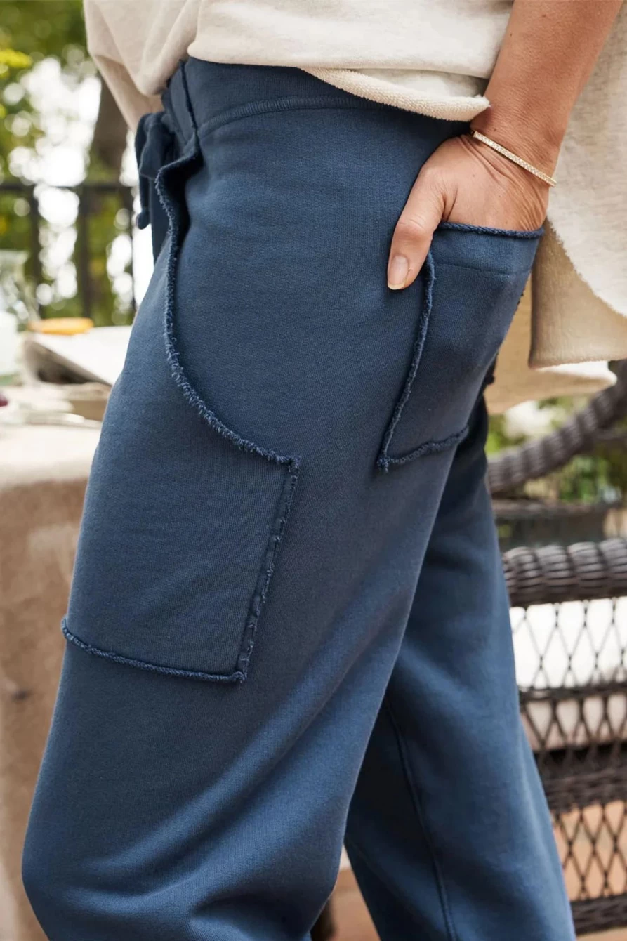 Shewin Women's Navy Blue Drawstring Jogger Pants with Frayed Pockets