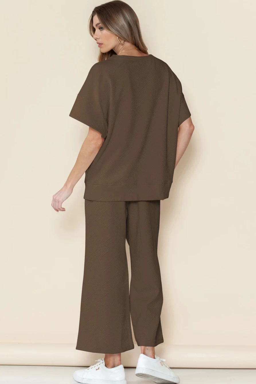 "Shewin Women's Brown Textured Loose Fit T-Shirt & Drawstring Pants Set"