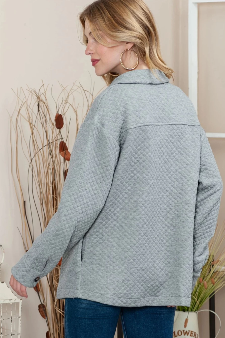Shewin Women's Gray Quilted Shacket with Lattice Texture, Retro Flap Pockets, and Button Closure