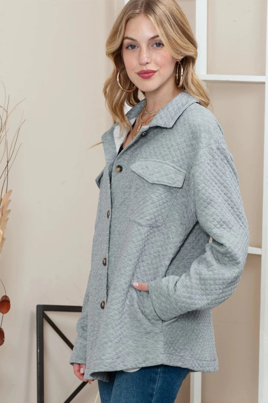 Shewin Women's Gray Quilted Shacket with Lattice Texture, Retro Flap Pockets, and Button Closure