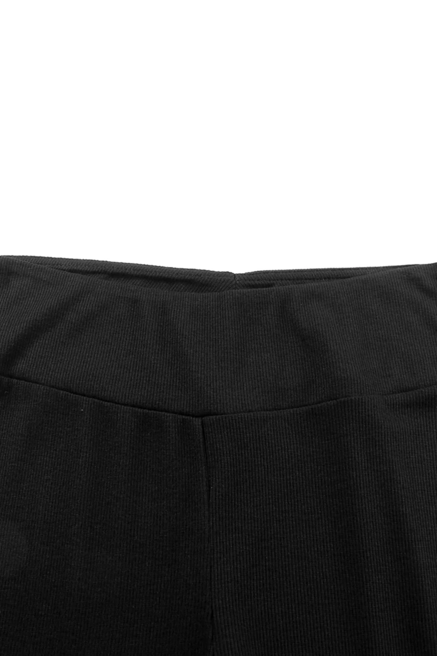 Shewin Women's Black High Waisted Ribbed Knit Leggings with Side Slit Casual Comfort Stretch