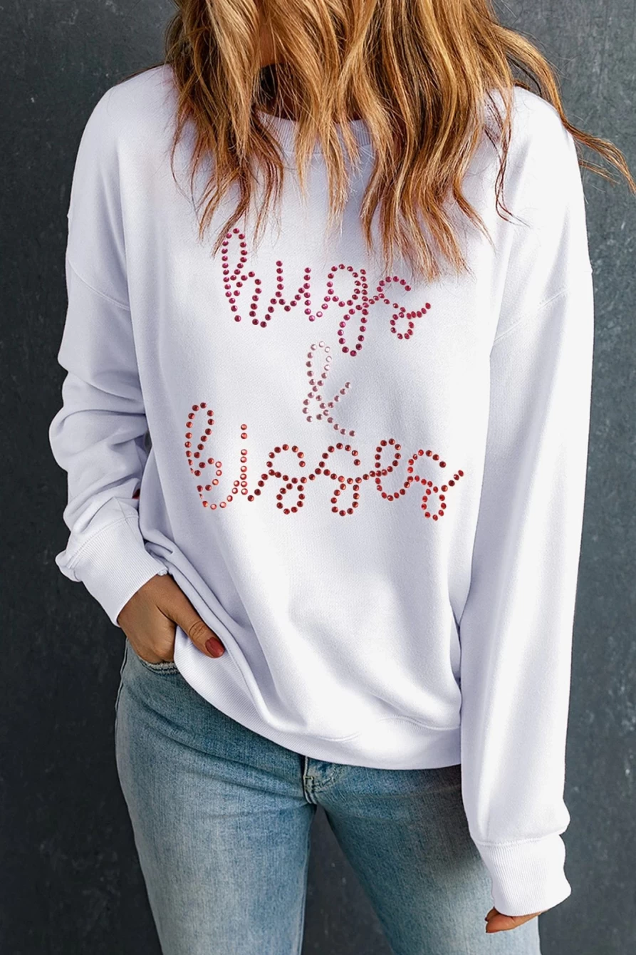 Women's White Valentine Rhinestone Sweatshirt - Sparkling Hugs & Kisses Design by Shewin