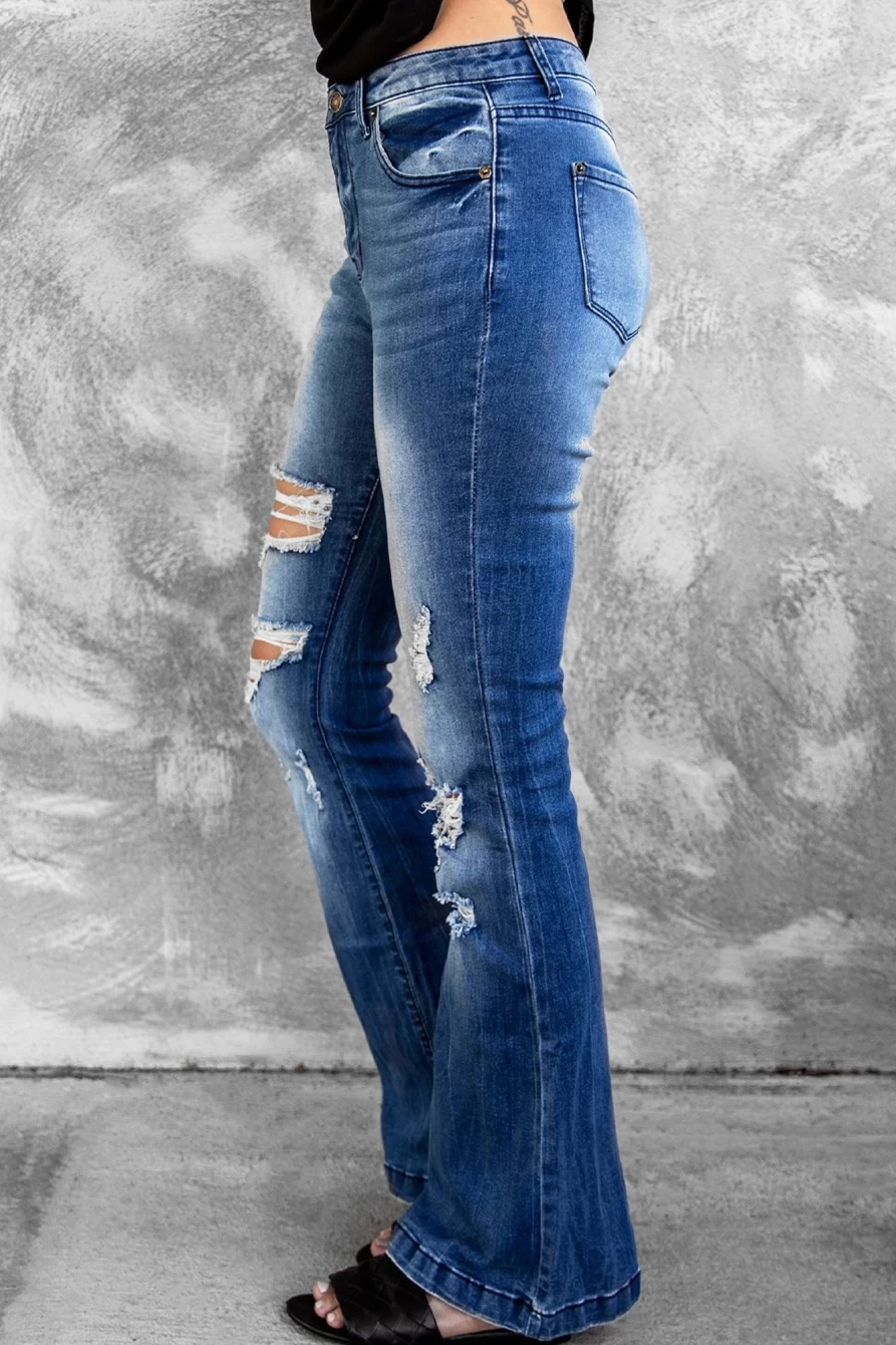 Shewin Women's Sky Blue Distressed High Waist Flare Jeans - Vintage Retro Stretch Denim Pants
