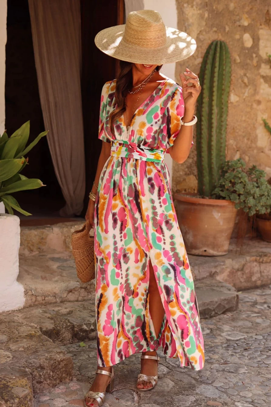 Shewin Women's Boho Pink Tie Dye V-Neck Side Split Maxi Dress