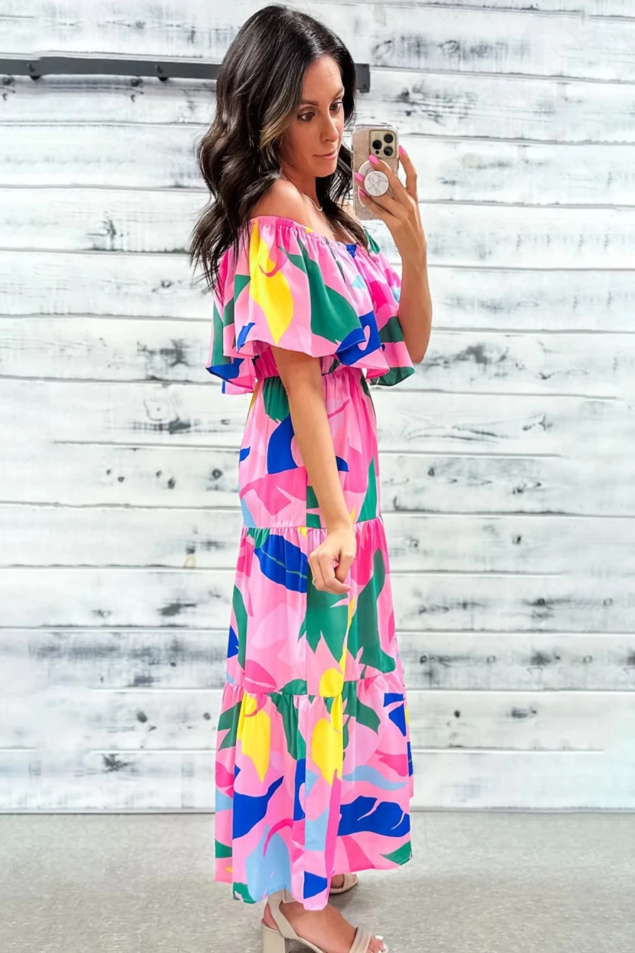 Shewin Women's Multicolour Tropical Print Maxi Dress with Ruffle Overlay & Tiered Design