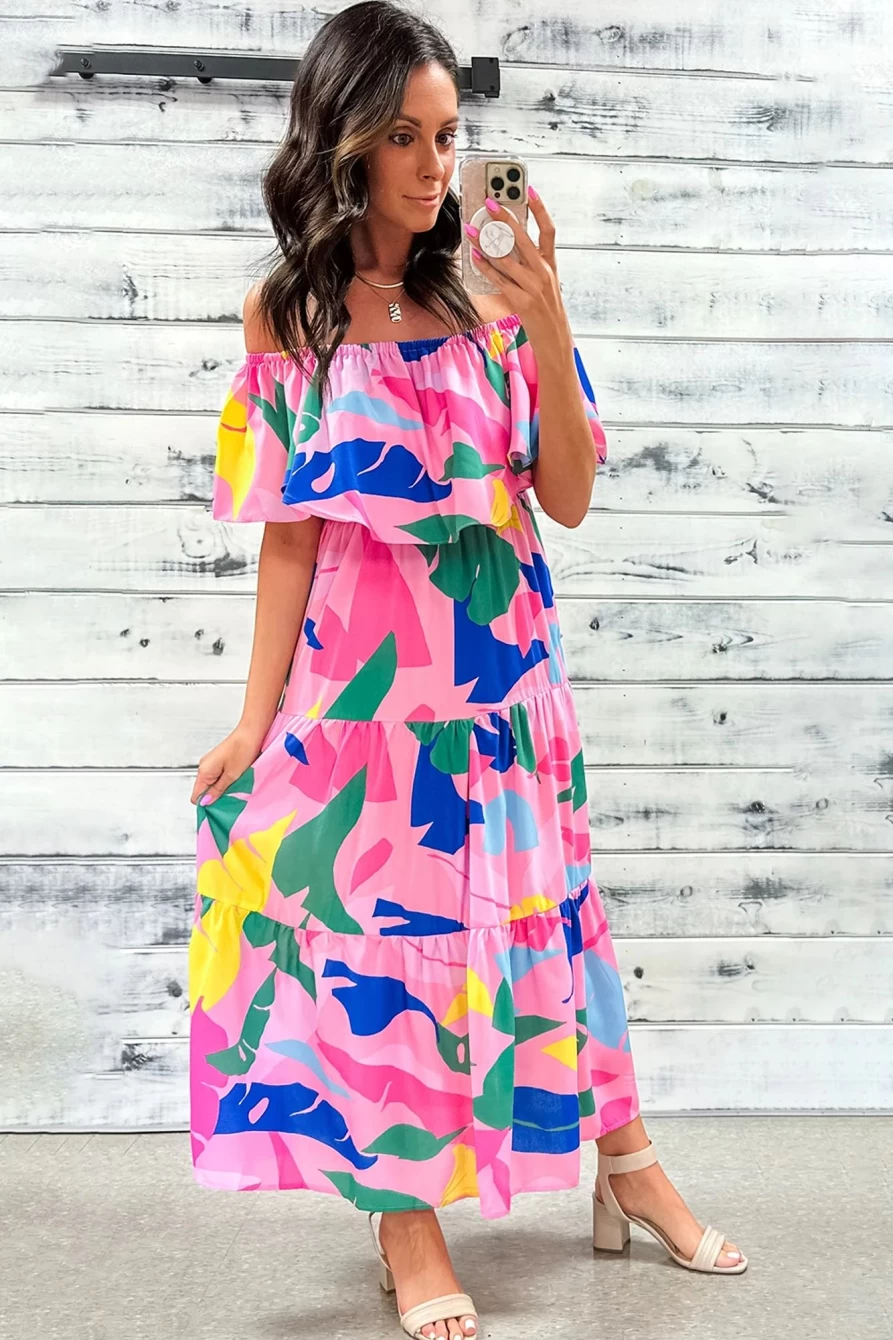 Shewin Women's Multicolour Tropical Print Maxi Dress with Ruffle Overlay & Tiered Design