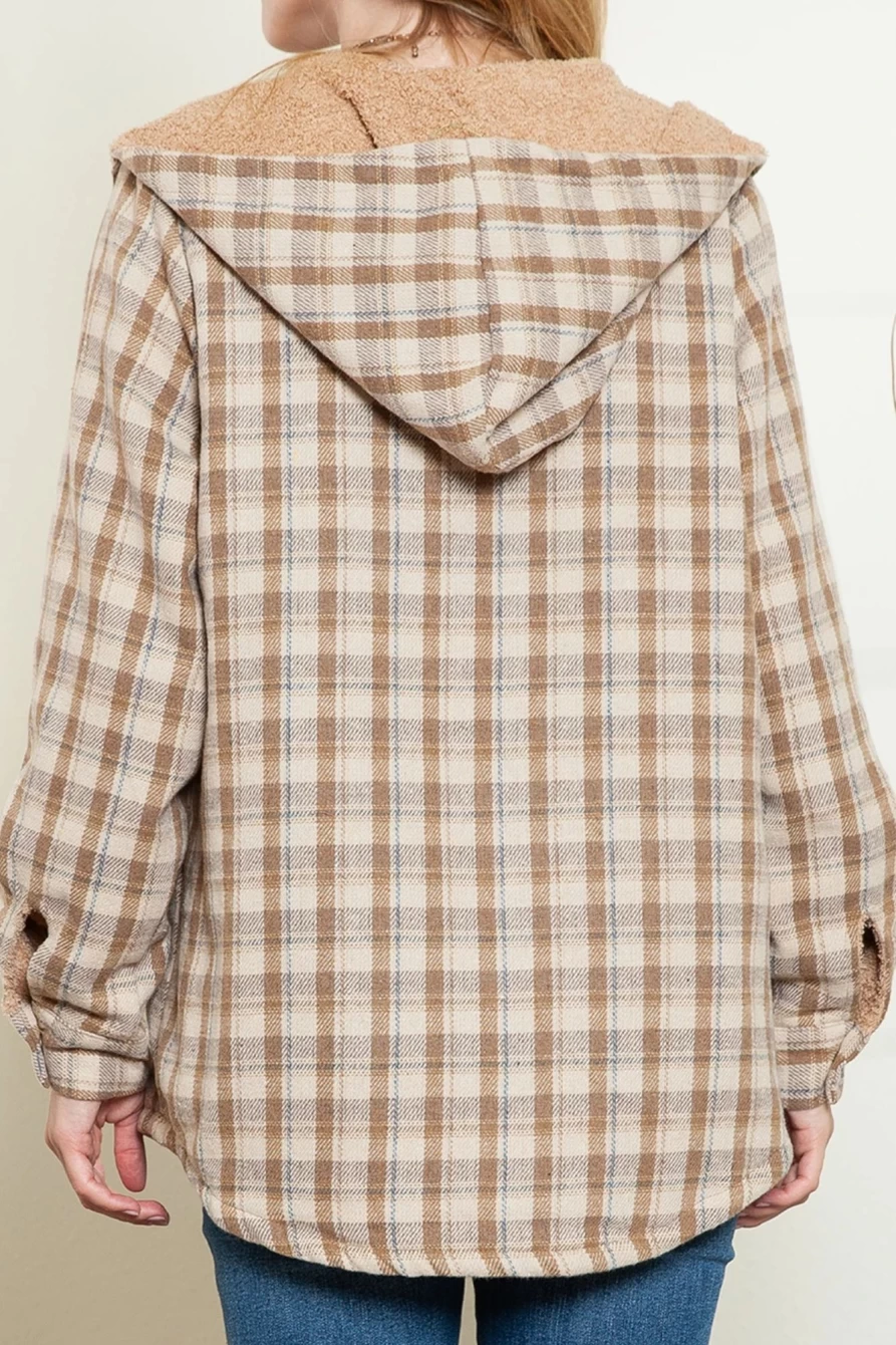 Shewin Women's Khaki Sherpa-Lined Flannel Jacket with Snap Buttons & Hood