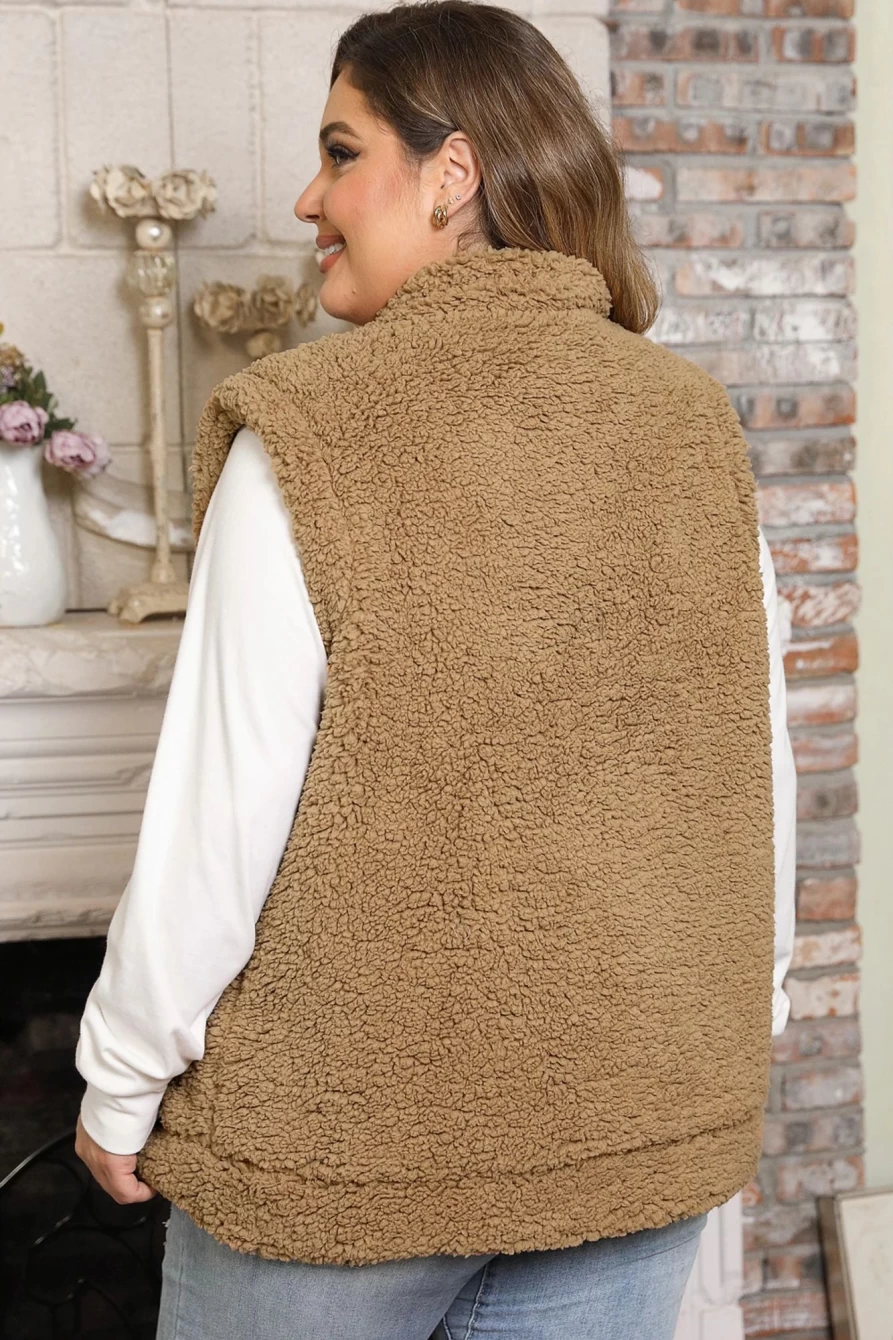 Shewin Women's Plus Size Khaki Sherpa Vest with Pockets for Warmth & Style