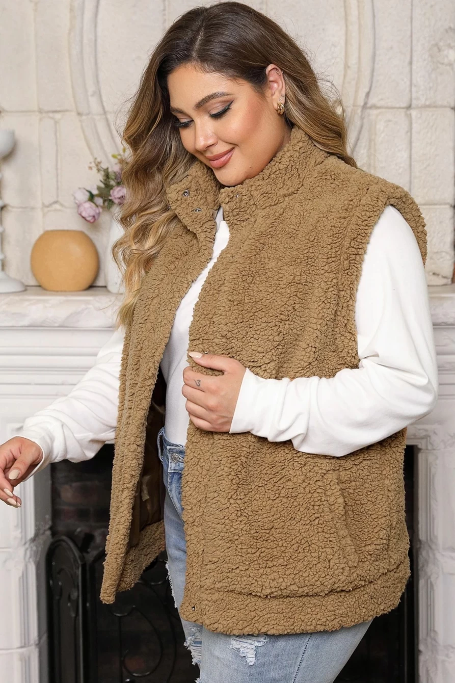 Shewin Women's Plus Size Khaki Sherpa Vest with Pockets for Warmth & Style