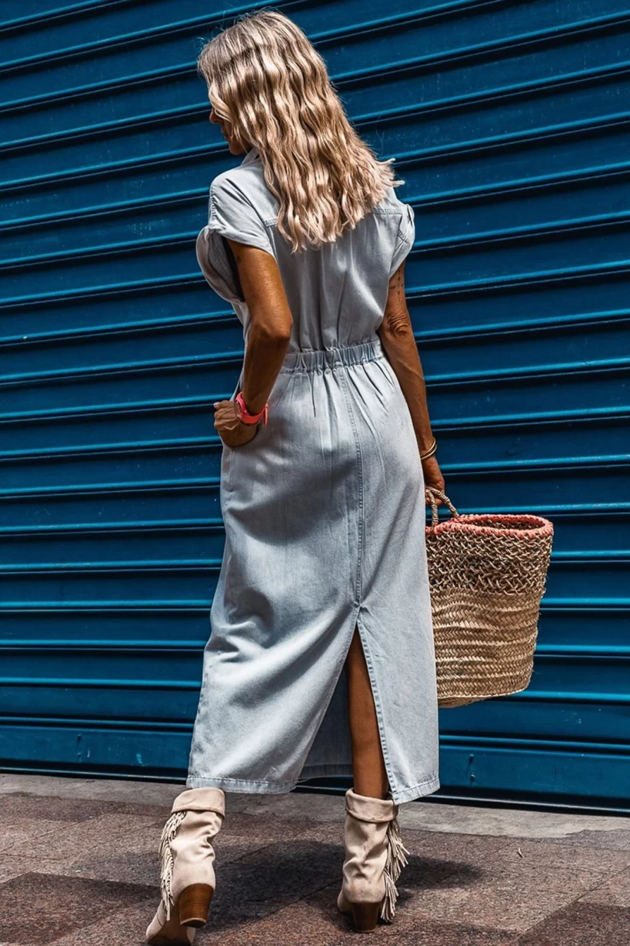Shewin Women's Beau Blue Denim Maxi Dress with Batwing Sleeves & Slit Back
