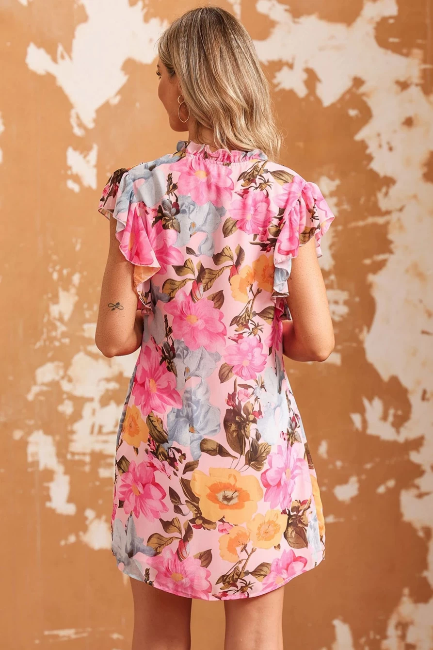 Shewin Women's Pink Boho Floral Print Ruffled Sleeveless Short Dress