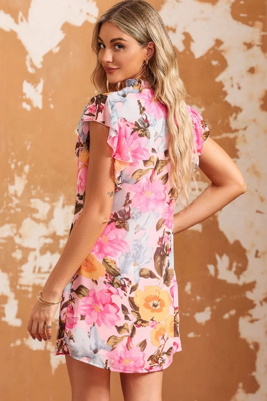 Shewin Women's Pink Boho Floral Print Ruffled Sleeveless Short Dress