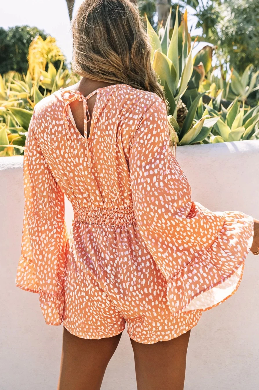 Shewin Women's Orange Animal Print V-Neck Flounce Sleeve Romper Jumpsuit
