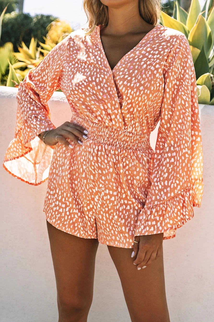 Shewin Women's Orange Animal Print V-Neck Flounce Sleeve Romper Jumpsuit