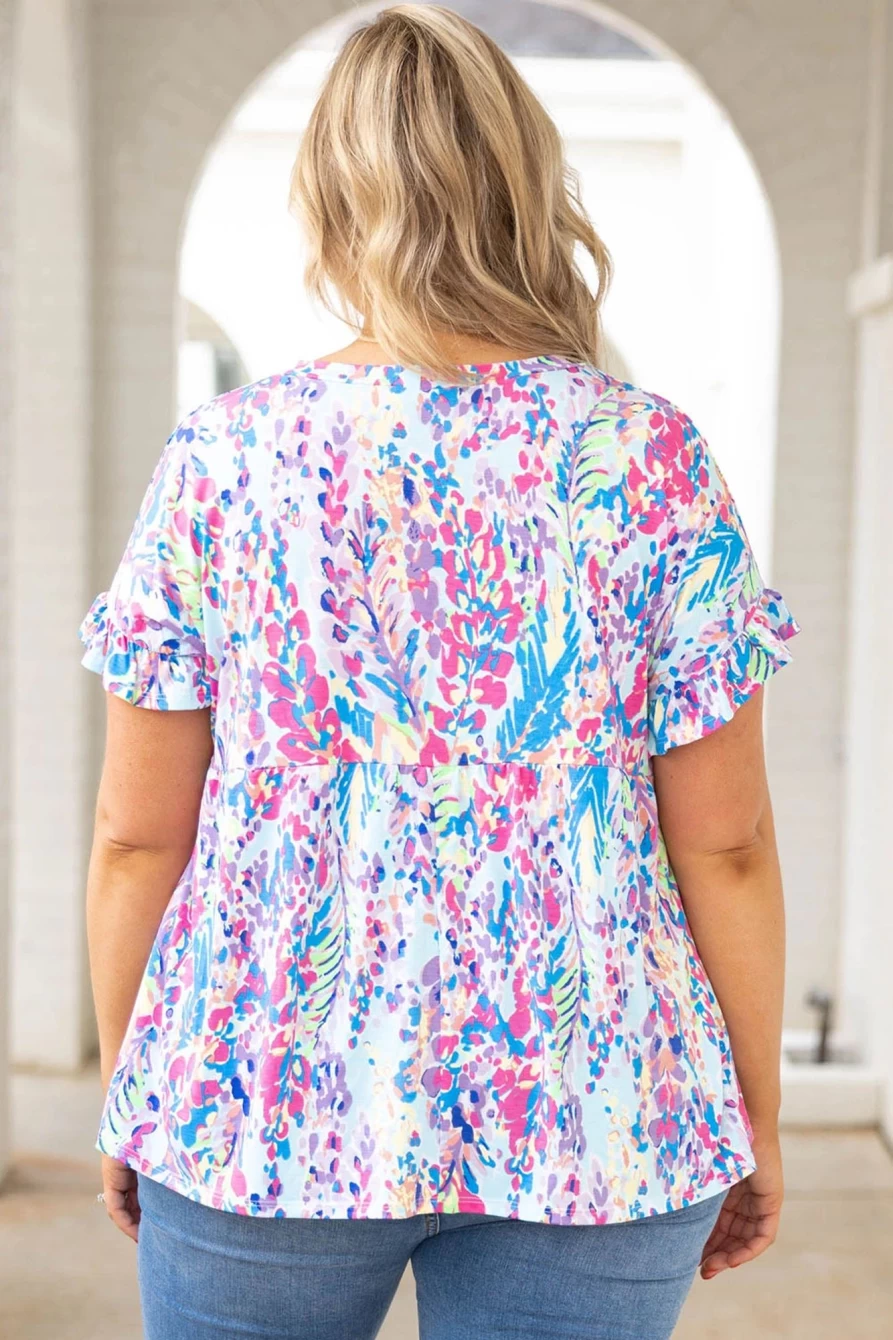 Shewin Women's Purple Plus Size Short Sleeve Top with Abstract Print and Frill Detail