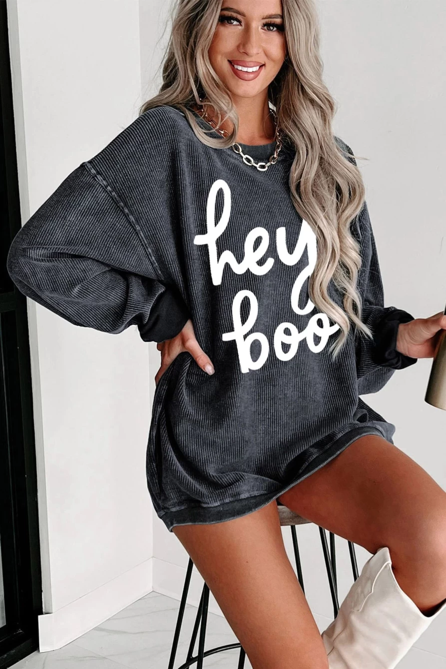 Shewin Women's Gray Halloween Graphic Sweatshirt - Hey Boo Corded Pullover