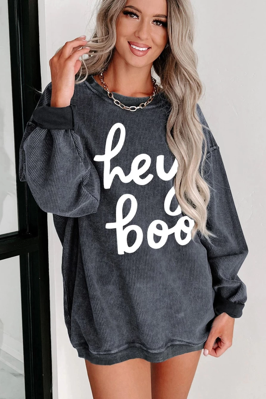 Shewin Women's Gray Halloween Graphic Sweatshirt - Hey Boo Corded Pullover