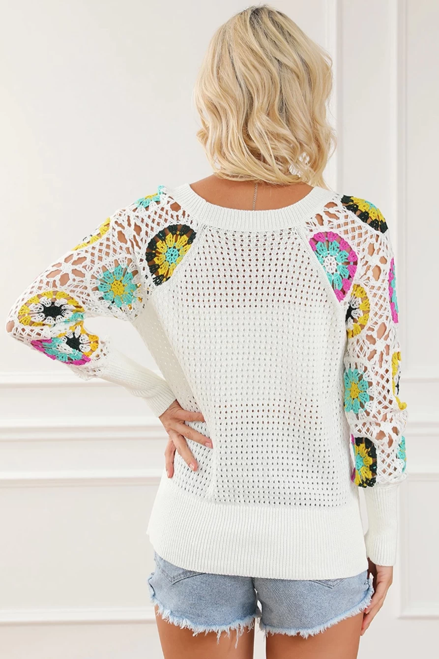 Shewin Women's White Hollow Crochet Floral Sleeve Knit Sweater