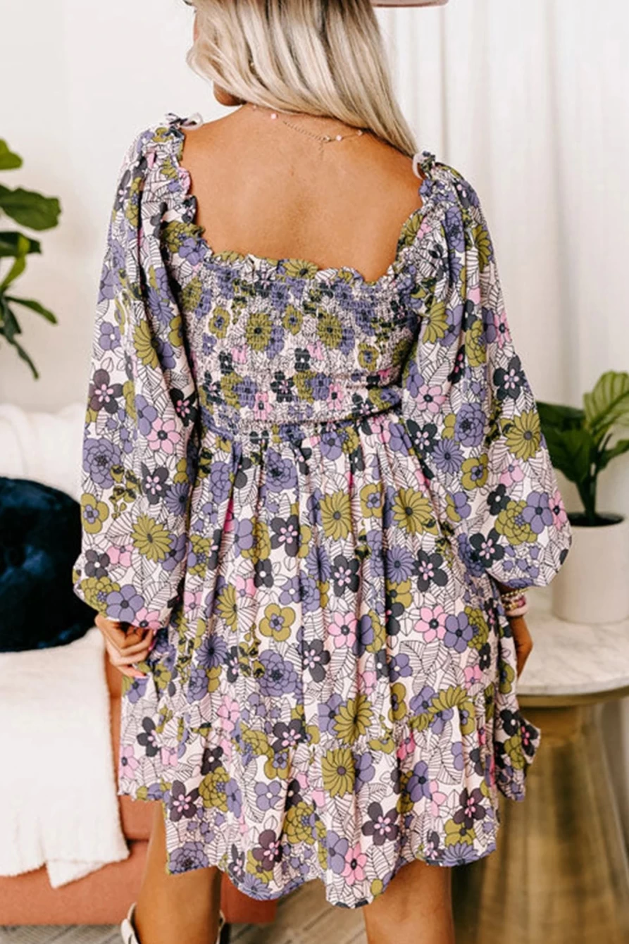Shewin Women's Multicolour Floral Smocked Square Neck Ruffled Dress