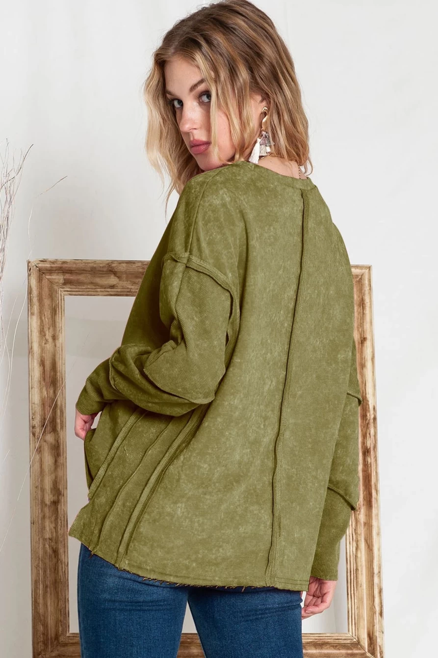 Shewin Women's Green Patchwork Long Sleeve Distressed Pullover Top