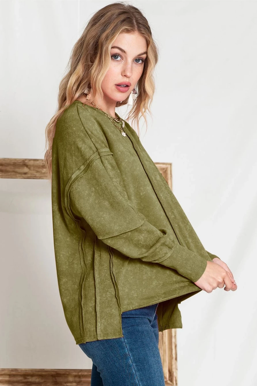 Shewin Women's Green Patchwork Long Sleeve Distressed Pullover Top