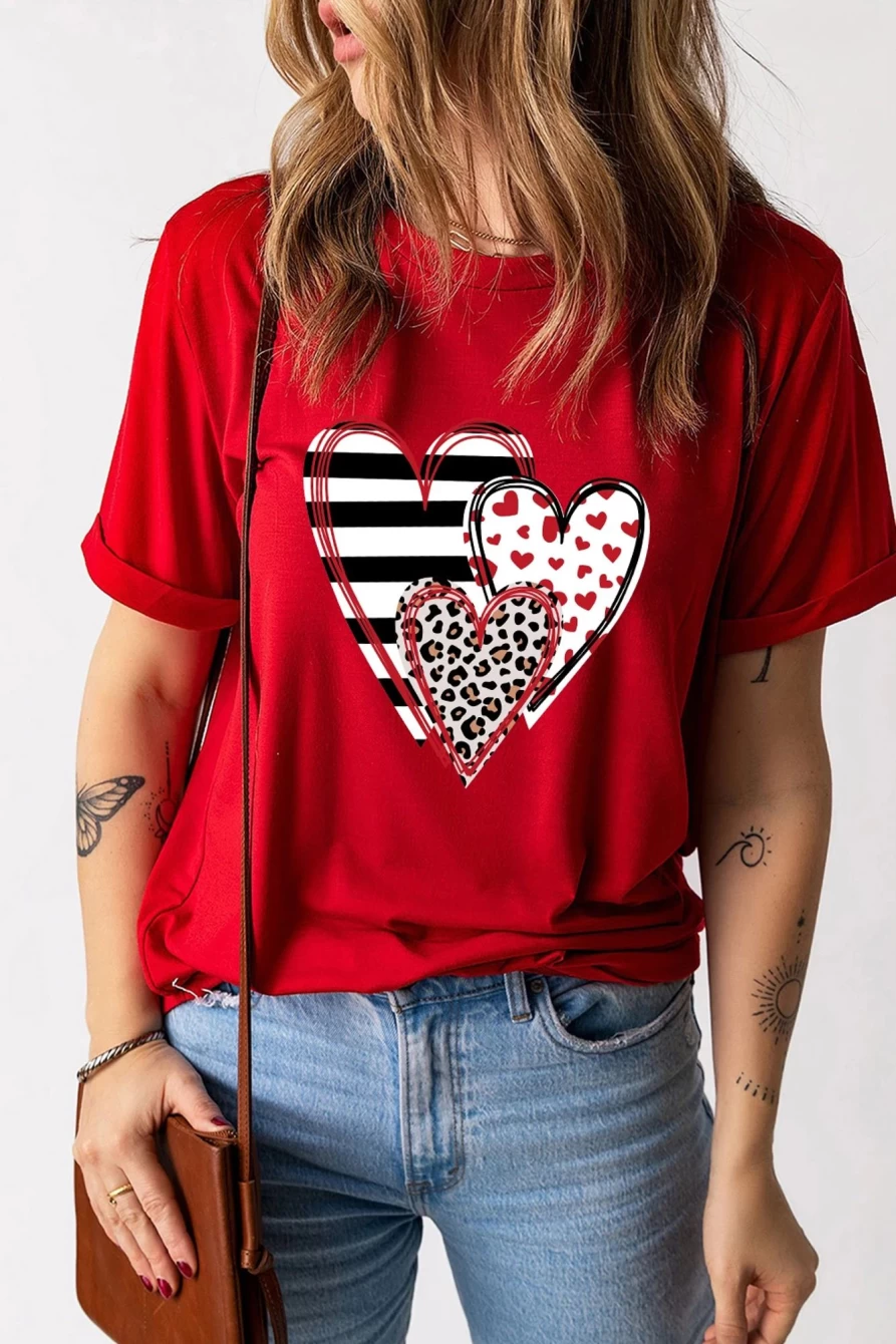 "SheWin Women's Red Leopard Striped Heart Print Graphic Tee - Crew Neck T-Shirt in Red-2"