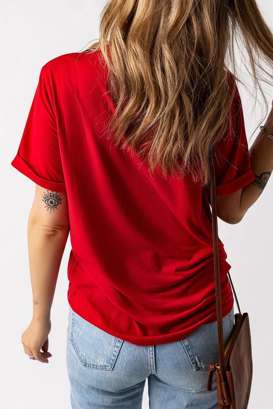 "SheWin Women's Red Leopard Striped Heart Print Graphic Tee - Crew Neck T-Shirt in Red-2"