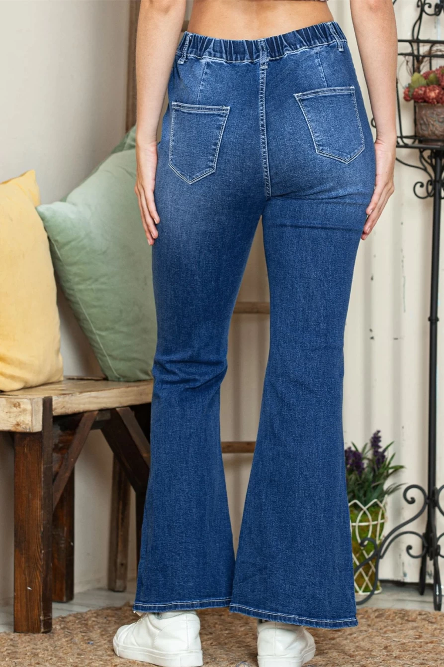 Shewin Women's Blue High Waist Stretchy Flared Jeans - Dark Wash Elastic Denim Pants
