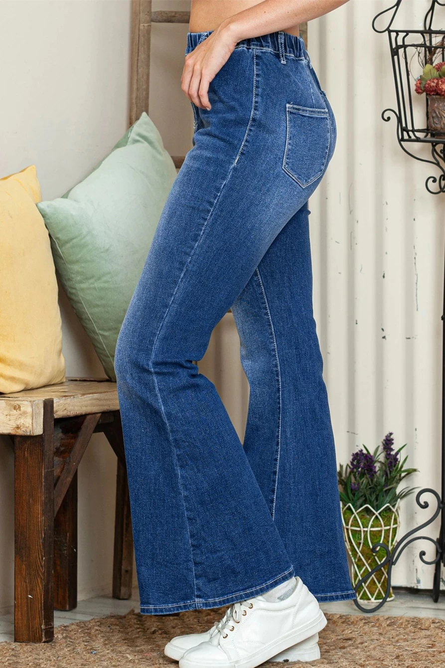 Shewin Women's Blue High Waist Stretchy Flared Jeans - Dark Wash Elastic Denim Pants