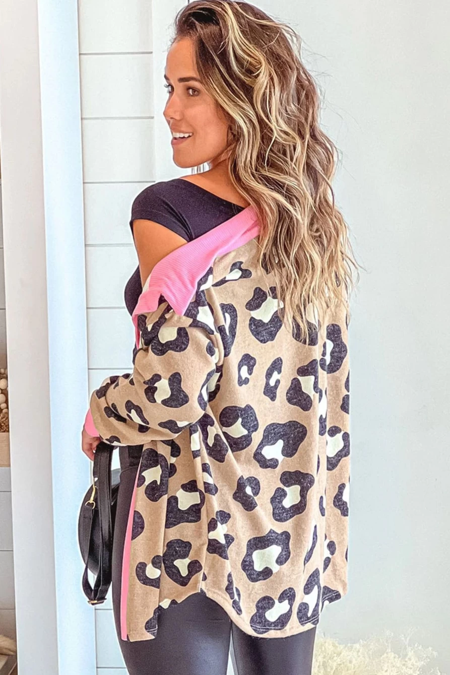 Shewin Women's Plus Size Leopard Print Jacket with Contrast Trim & Fake Flap Pockets
