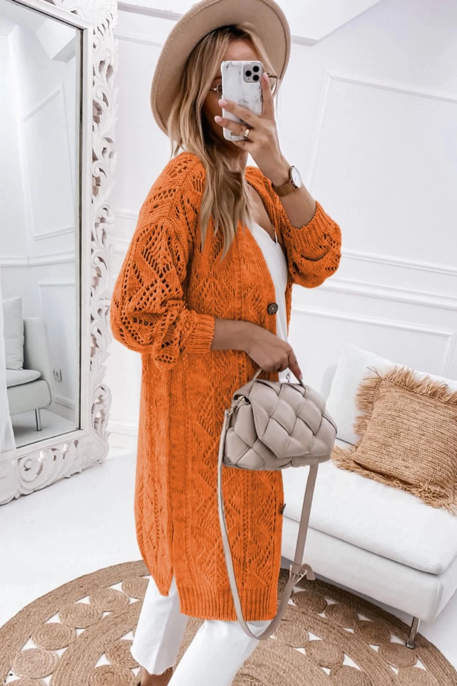 Shewin Women's Orange Button-Up Hollow Out Loose Long Cardigan Sweater