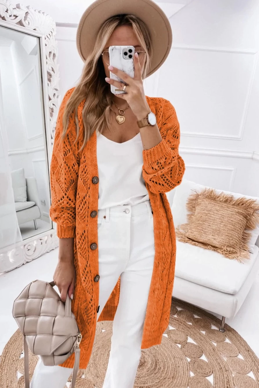 Shewin Women's Orange Button-Up Hollow Out Loose Long Cardigan Sweater