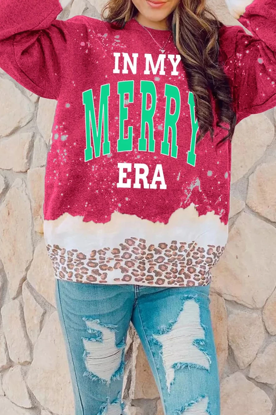 "SheWin Women's Red Leopard Print Loose Fit Graphic Sweatshirt - In My Merry Era Trendy Pullover"