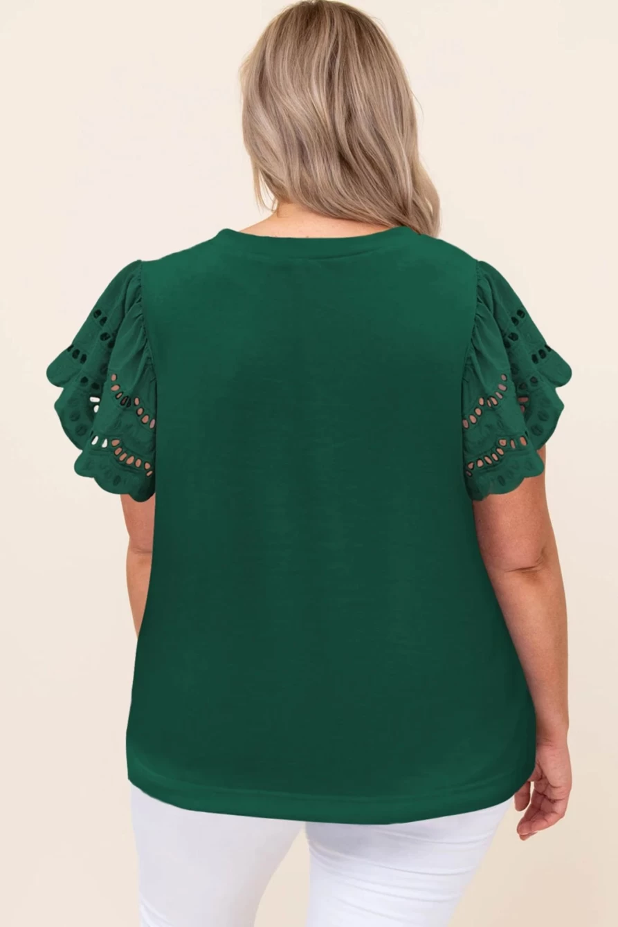 Shewin Women's Green-2 Chenille Lucky Graphic Plus Size Top with Ruffled Sleeves