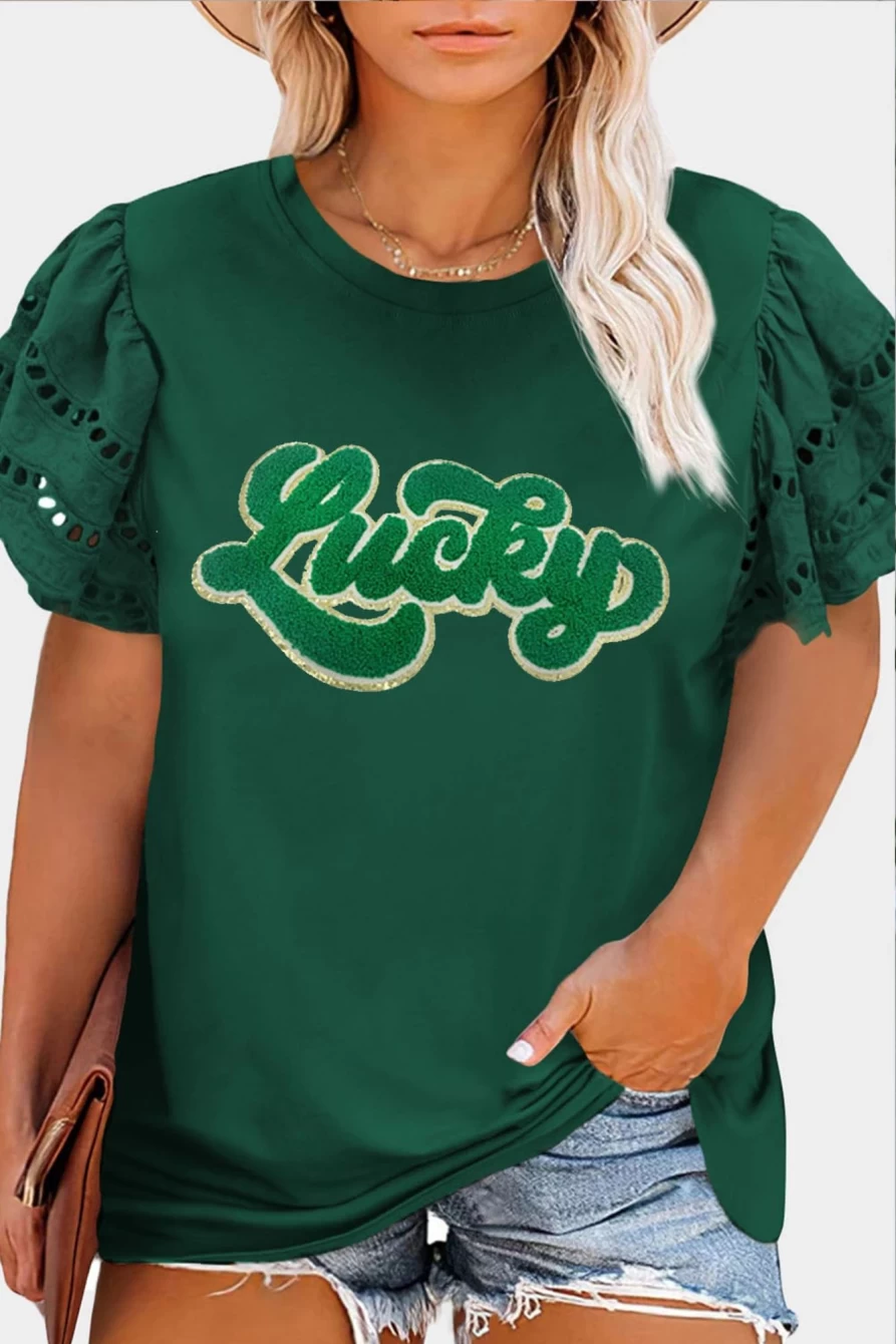 Shewin Women's Green-2 Chenille Lucky Graphic Plus Size Top with Ruffled Sleeves