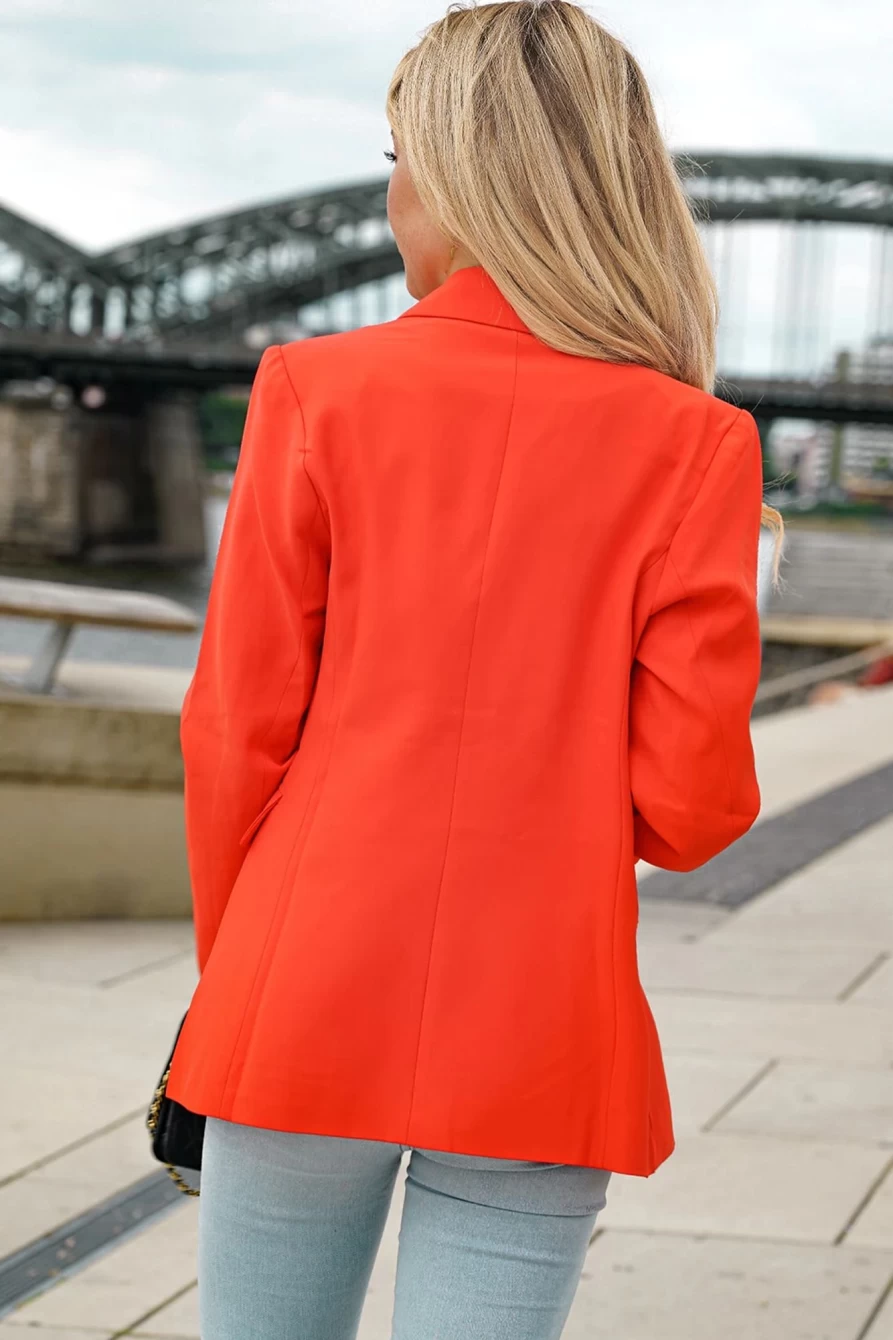 Shewin Women's Red Flip Pocket Casual Blazer with Button Lapel Neck